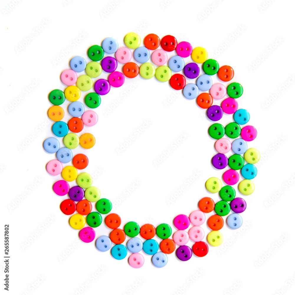 Letter O of the English alphabet made of multi-colored buttons