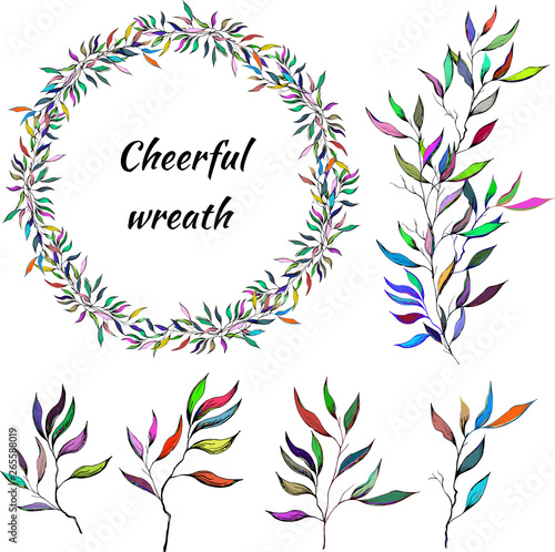 A set of colorful branches with lity. Vector wreath of leaves. Cheerful children's pattern. Vector brush for decorating cards, designer greetings. photo