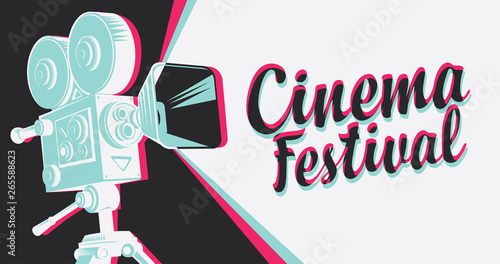 Vector poster with old fashioned movie projector and calligraphic inscription Cinema festival. Vintage movie camera with light. Can be used for flyer, banner, poster, web page, background, tickets