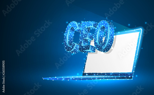 Chief Executive Officer, CEO on white notebook screen. Device, leadership, headship concept. Abstract, digital, wireframe, low poly mesh, vector blue neon 3d illustration. Triangle, line, dot, star