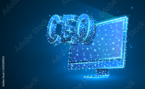 Chief Executive Officer, CEO on monitor screen. Device, leadership, headship concept. Abstract, digital, wireframe, low poly mesh, vector blue neon 3d illustration. Triangle, line, dot, star