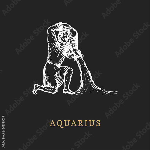 Aquarius zodiac symbol,hand drawn in engraving style.Vector graphic retro illustration of astrological sign Water-bearer