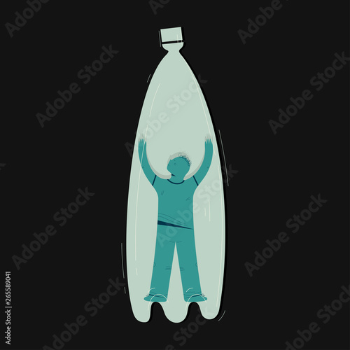 Zero waste, ecology protection vector illustration. Man trapped inside plastic bottle cartoon character. Garbage recycle, environment save drawing. Pollution problem isolated design element