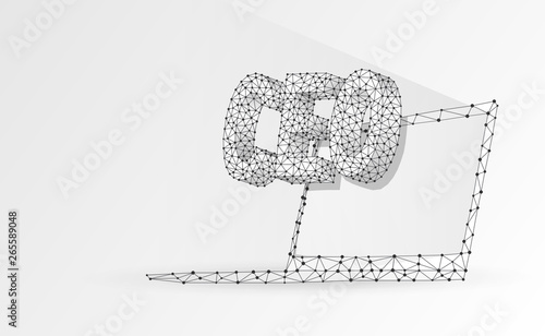 Chief Executive Officer, CEO on notebook screen. Device, leadership, headship concept. Abstract, digital, wireframe, low poly mesh, vector white origami 3d illustration. Triangle, line, dot, star