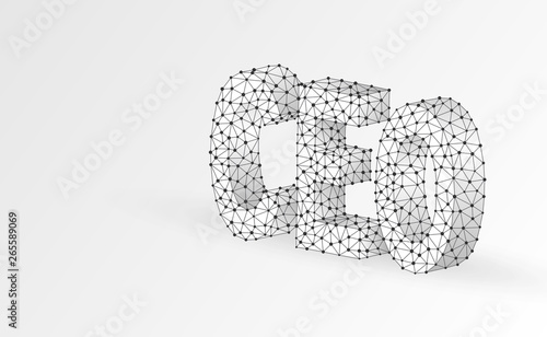 Chief Executive Officer, CEO on monitor screen. Device, leadership, headship concept. Abstract, digital, wireframe, low poly mesh, vector white origami 3d illustration. Triangle, line, dot, star