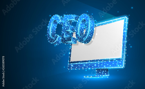 Chief Executive Officer, CEO on monitor screen. Device, leadership, headship concept. Abstract, digital, wireframe, low poly mesh, vector blue neon 3d illustration. Triangle, line, dot, star