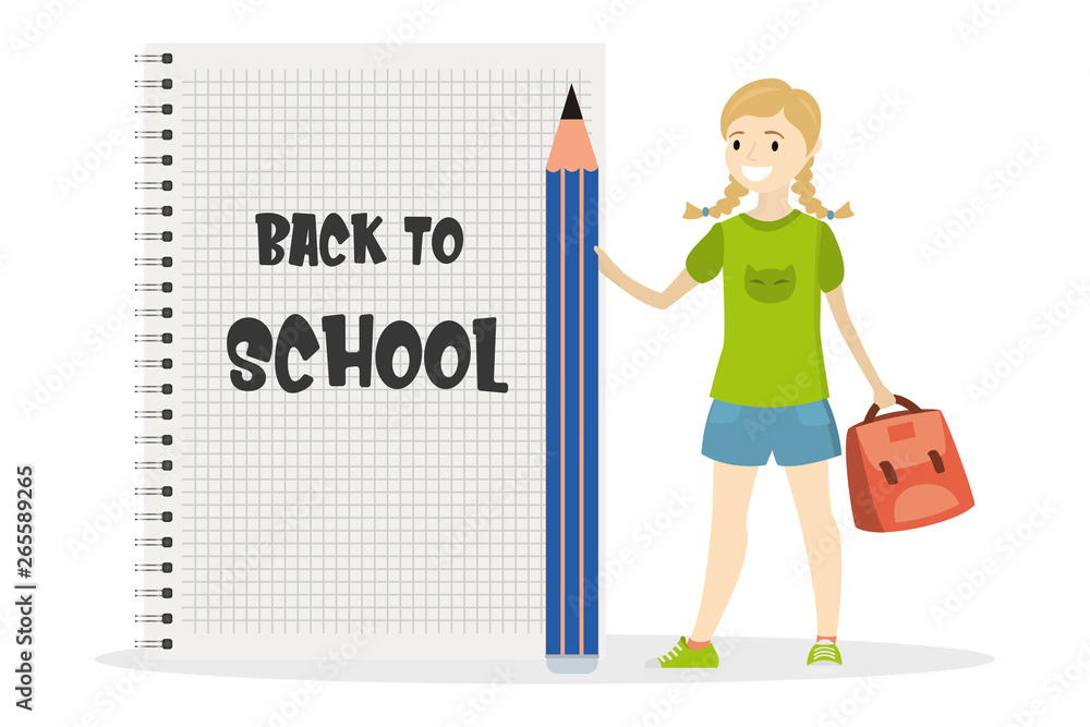 Happy caucasian kid schoolboy with big pencil and school bag Happy caucasian kid schoolboy with big pencil and school bag