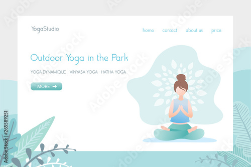 Girl sitting in lotus pose,hatha yoga in park,yoga studio web banner template with button.