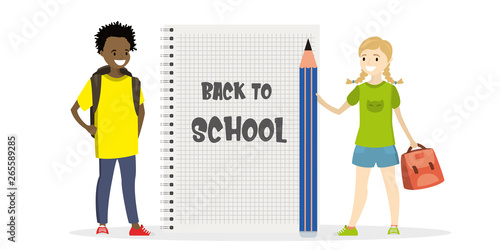Happy african american schoolboy, caucasian kid schoolgirl with big pencil and school bag