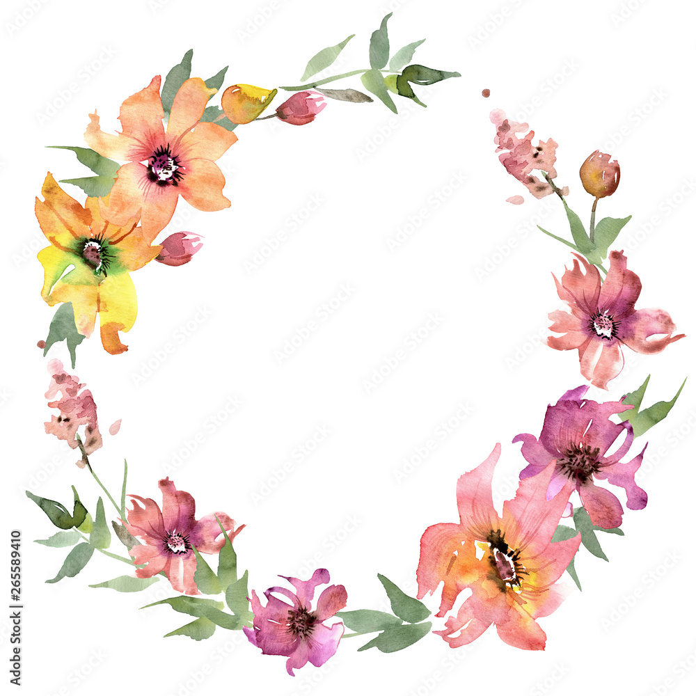 Watercolor Floral Wreath with Red and Yellow Flowers