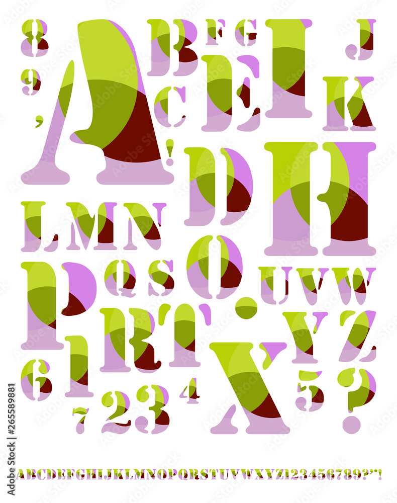 halftone style graphic alphabet in green mauve shades