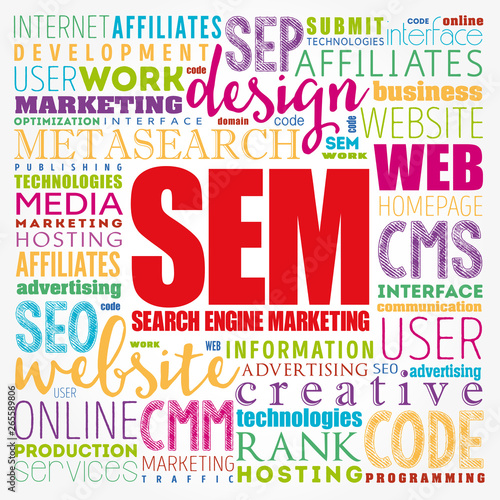 SEM (Search Engine Marketing) word cloud collage, technology business concept background
