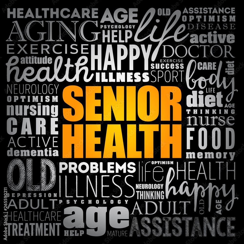 Senior health word cloud collage, social concept background