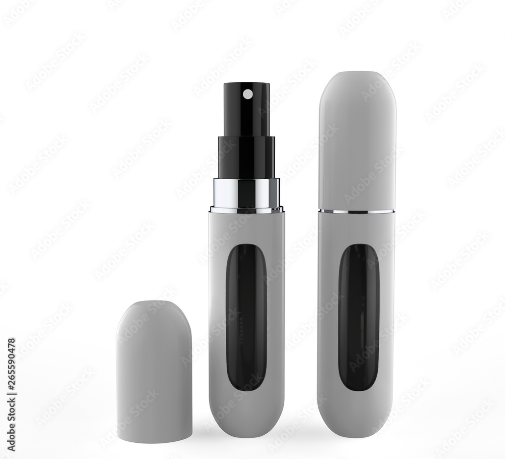 Perfume atomizers template realistic spray case for fragrance isolated on white background. 3d illustartion Perfume atomizers template realistic spray case for fragrance isolated on white background. 3d illustartion