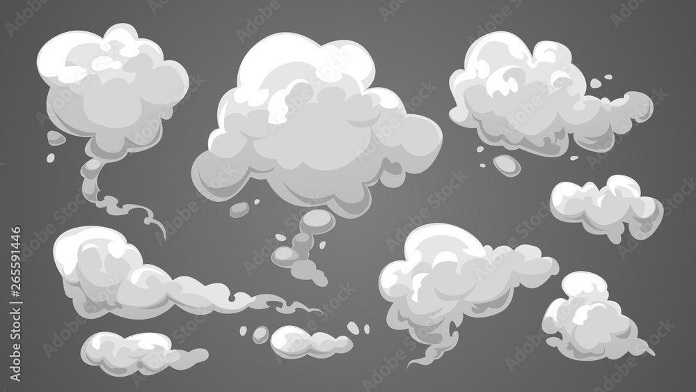 Set of stylized white clouds. Vector illustration collection of smoke. - obrazy, fototapety, plakaty 