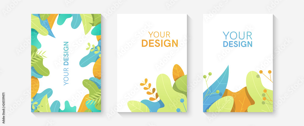 Summer floral cover template set. Vertical banners, brochures, posters. Green leaves, flowers and tropical floral. Bright spring, summer colors. Simple modern design. Flat style vector illustration.