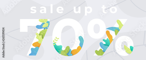 Sale banner isolated. Bright spring summer colors and gradients. Special offer. Green leaves, flowers and tropical floral. Promotion. Simple modern design. Flat style vector illustration. 70% off.