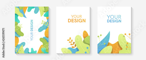 Summer floral cover template set. Vertical banners, brochures, posters. Green leaves, flowers and tropical floral. Bright spring, summer colors. Simple modern design. Flat style vector illustration.