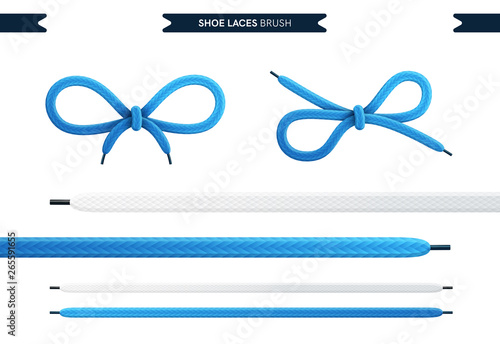 Shoe laces brush set isolated on a white background. Blue color. Realistic lace knots and bows. Modern simple design. Flat style vector illustration.