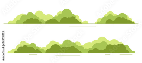 Bushes set isolated. Flat style. Leaves, flowers, plants. Modern trendy minimalistic and simple design. Bright green summer, spring colors. Cartoon style. Floral background. Vector illustration.