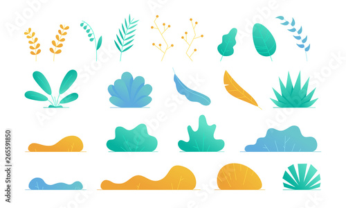 Plants set isolated. Flat style. Leaves, flowers, bushes and trees. Modern trendy minimalistic and simple design. Bright summer, spring colors. Cartoon style. Floral background. Vector illustration.