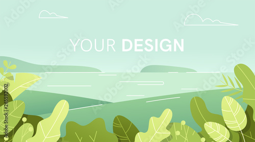 Leaves frame set. Landscape background. Flat style. Plants, flowers, bushes. Modern trendy minimalistic and simple design. Bright green summer, spring colors. Cartoon style. Vector illustration.