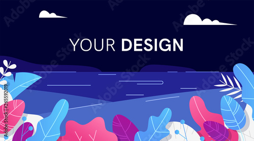 Leaves frame set. Night landscape background. Flat cartoon style. Plants  flowers  bushes. Modern trendy minimalistic and simple design. Bright colorful summer  spring background. Vector illustration