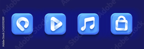 App icon collection. Sign collection. Square shape. Mobile UX/UI. Blue color with gradient. Glossy beautiful button. User interface. Stylish modern template. Vector illustration. Golden ratio.