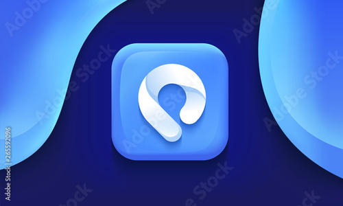 App icon. Map pin, GPS, location pointer sign. Square shape. Mobile UX/UI. Blue color with gradient. Glossy beautiful button. User interface. Stylish modern template. Vector illustration.