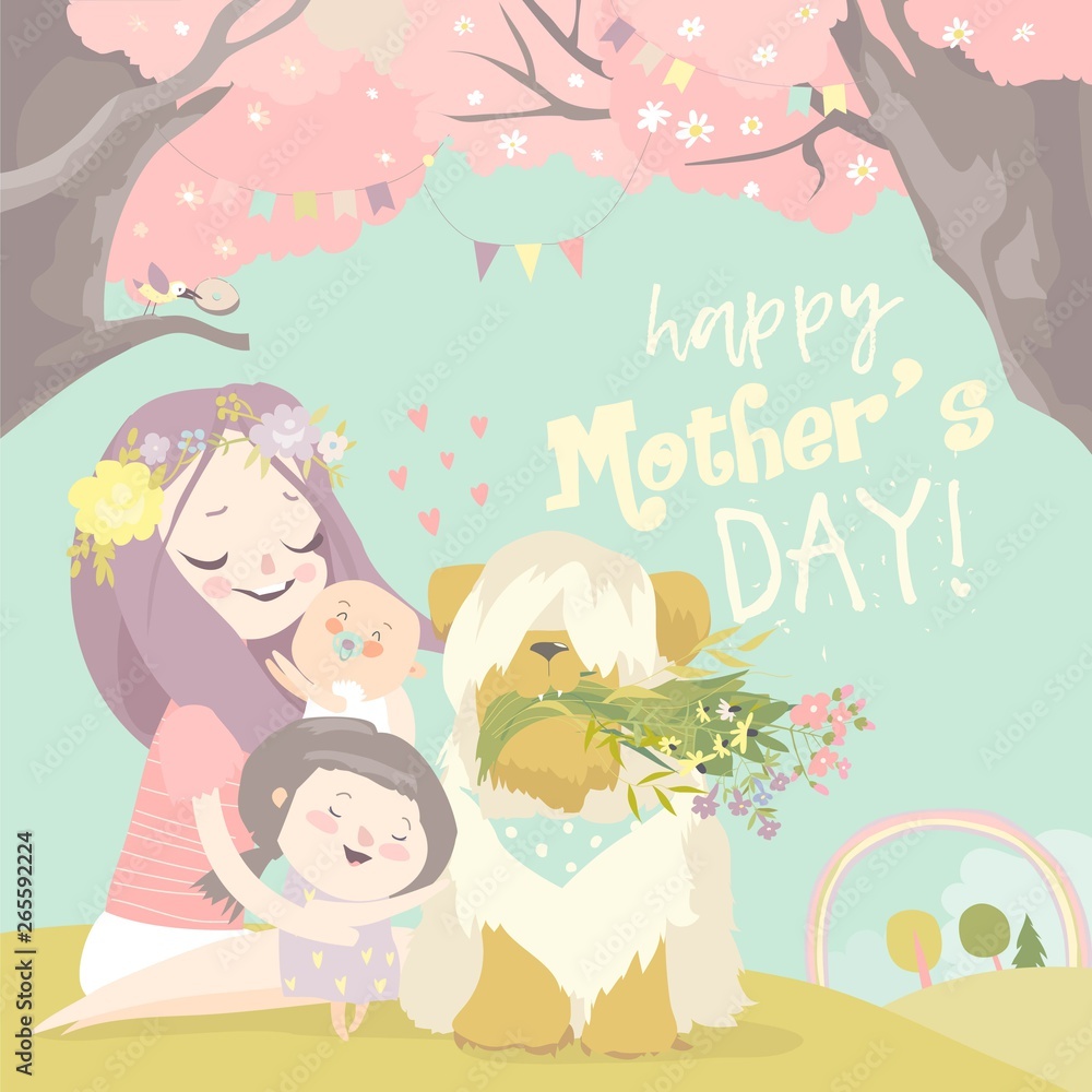 Happy woman and children in the blooming spring garden Happy woman and children in the blooming spring garden