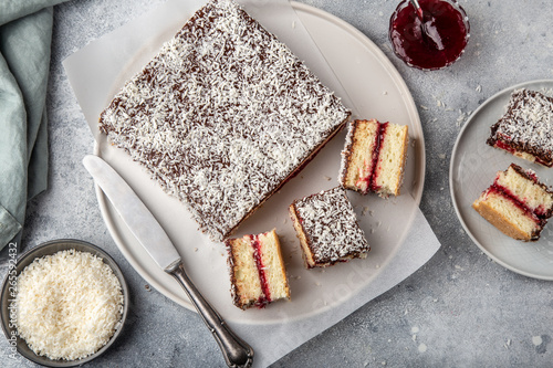 australian lamington cake with raspberry jam