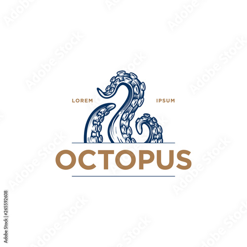 Octopus tentacles logo concept. Hand drawn vector illustration of an octopus palps  in engraving technique. Elegant emblem design for Japanese cuisine restaurant, sushi bar. photo