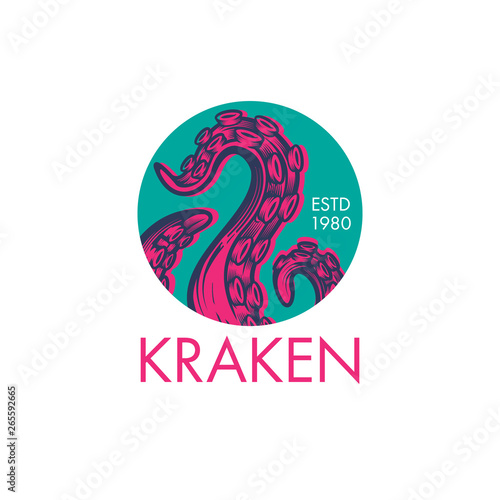 "Kraken" tentacles logo. Hand drawn vector illustration of an octopus palps  in engraving technique. Elegant emblem design for Japanese cuisine restaurant, sushi bar.