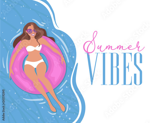 Summer vacation poster. Happy girl chilling on inflatable water donut in cool blue swimming pool. Flat art Vector illustration.