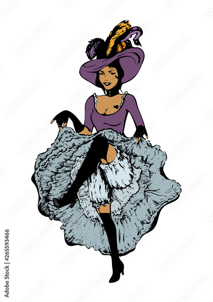 Cancan dancer girl. Colorful vector illustration in vintage style. Dancing  woman in laced skirt and hat with feathers isolated on white. Stock Vector