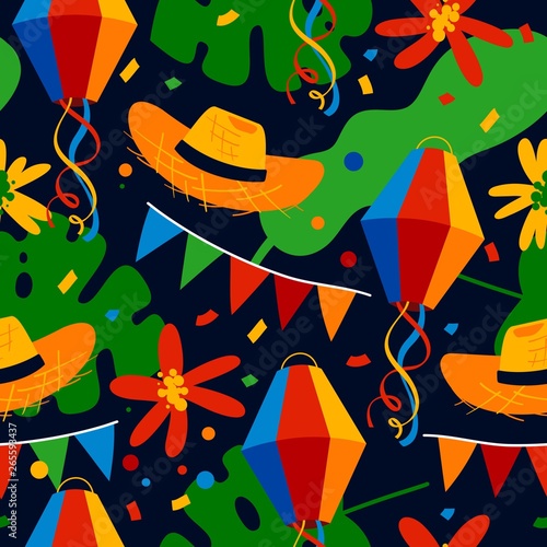 Festa Junina seamless pattern with party flags, colorful paper balloons and confetti.