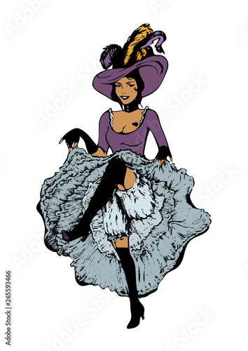 Cancan dancer girl. Colorful vector illustration in vintage style. Dancing woman in laced skirt and hat with feathers isolated on white.