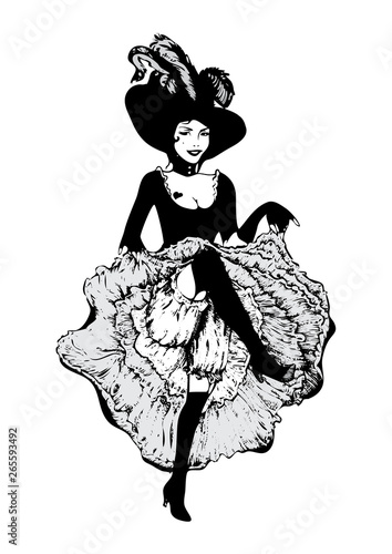 Cancan dancer girl. Vector illustration in vintage style. Dancing woman in laced skirt and hat with feathers isolated on white.
