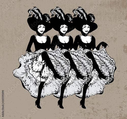 Cancan dancing girls. Vector illustration in vintage style. Dancing women in laced skirt and hat with feathers on grunge background. photo