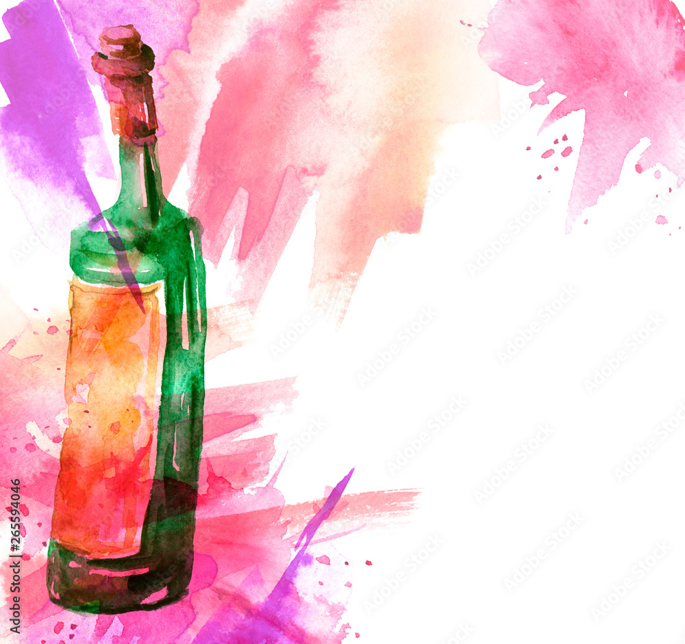 Watercolor drawing, postcard, invitation. Spilled wine, a fallen glass