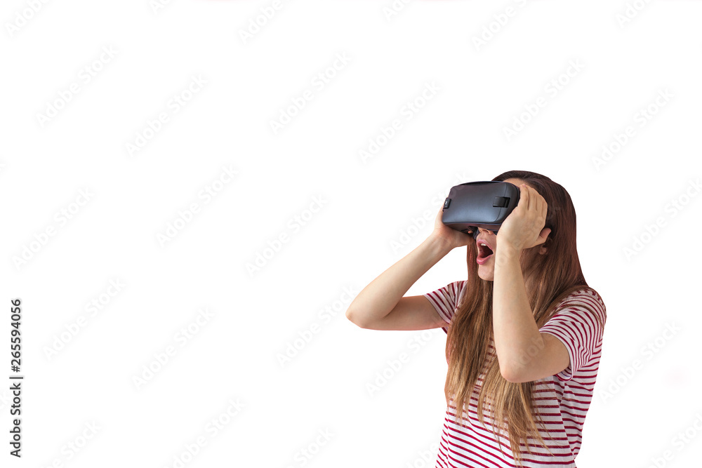 The woman with glasses of virtual reality on a white background. Future technology concept. Modern imaging technology. The woman with glasses of virtual reality on a white background. Future technology concept. Modern imaging technology.