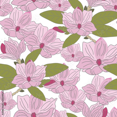 Colorful hand drawn light pink magnolia flower with green leaves on white background. Cute drawing vector seamless pattern.