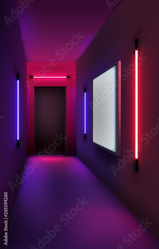 Vector illustration of colored neon tubes and lightbox in interior