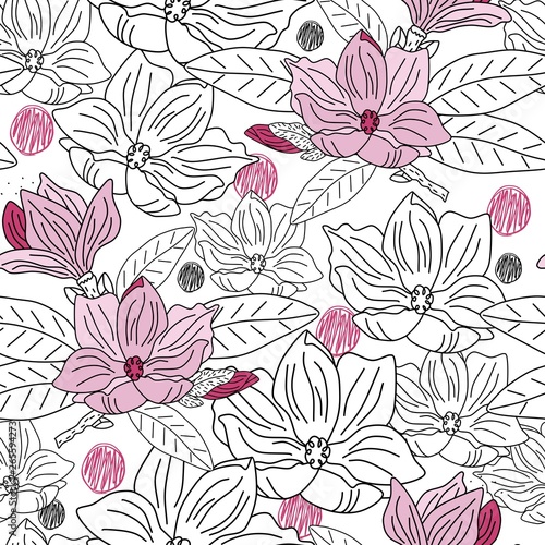 Hand drawn doodle style magnolia flowers on white background  black and white and colorful pattern elements. Vector seamless repeat pattern. 