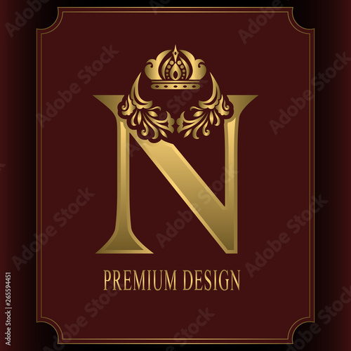 Gold Letter N with Crown. Graceful Royal Style. Calligraphic Beautiful Logo. Vintage Drawn Emblem for Book Design, Brand Name, Business Card, Restaurant, Boutique, Crest, Hotel. Vector illustration