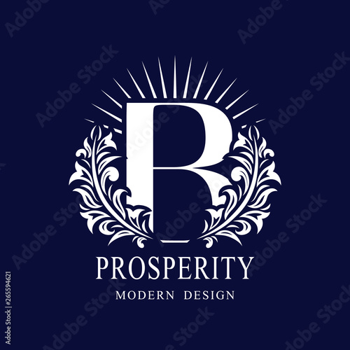 Letter B in the Sunlight. Coat of Arms with a Floral Wreath. Art Logo Design. Luxurious Monogram for Personal or Family Emblem, Business Sign, Wedding, Boutique, Hotel, Restaurant. Vector illustration