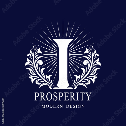 Letter I in the Sunlight. Coat of Arms with a Floral Wreath. Art Logo Design. Luxurious Monogram for Personal or Family Emblem, Business Sign, Wedding, Boutique, Hotel, Restaurant. Vector illustration
