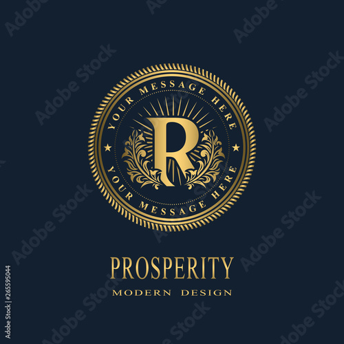 Letter R in the Sunlight. Coat of Arms with a Floral Wreath. Art Logo Design. Luxurious Monogram for Personal or Family Emblem, Business Sign, Wedding, Boutique, Hotel, Restaurant. Vector illustration