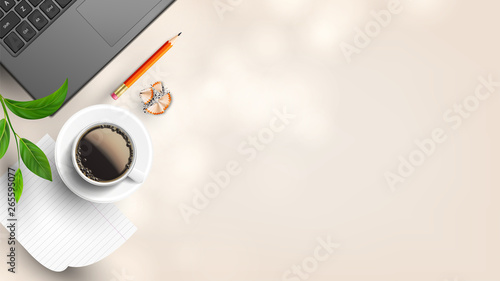 Homey Workplace With Supplies Flat Lay Vector. Laptop Near Branch, Cup Hot Coffee On List Of Paper, Pencil With Eraser And Sharpening Shavings On Workplace. Copy Space Top View Illustration