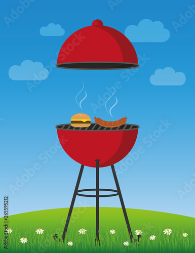 bbq time in summer red kettle barbecue with sausage and burger vector illustration EPS10